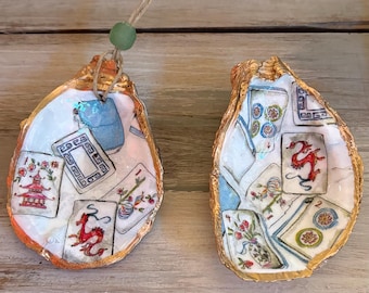Mahjong Oyster Shell Ornament: Gold Leaf Painted Ring Dish, Mahjong Dice Holder
