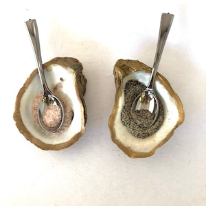 Salt and Pepper Dishes Set,2 Oyster Shell Pinch Bowls,Gold Leaf Designer Ring Storage,S&P Shaker,Coastal Wedding Hostess Gift