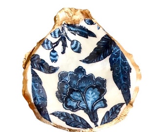 Floral Oyster Shell Ring Dish: Blue and White Coastal Decor