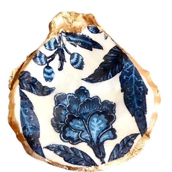 Designer Blue and White Floral Oyster Shell Ring Trinket Dish Jewelry Holder.Hostess,Wedding,,Keepsake Gift,Painted Coastal Blue Decor