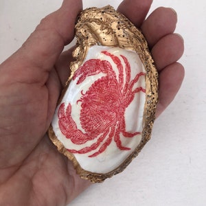 Designer Oyster Shell Ring Trinket Dish Jewelry Holder Bowl.Hostess,Wedding Gift,Keepsake,Red Crab Coastal Nautical Sea life Decor