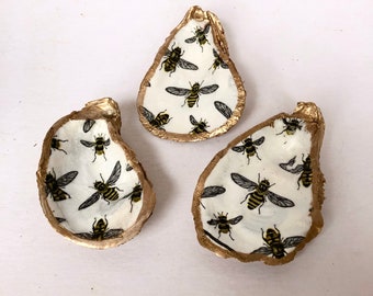 Decoupage Oyster Shell Ring Dish: Honeybee Trinket Decor