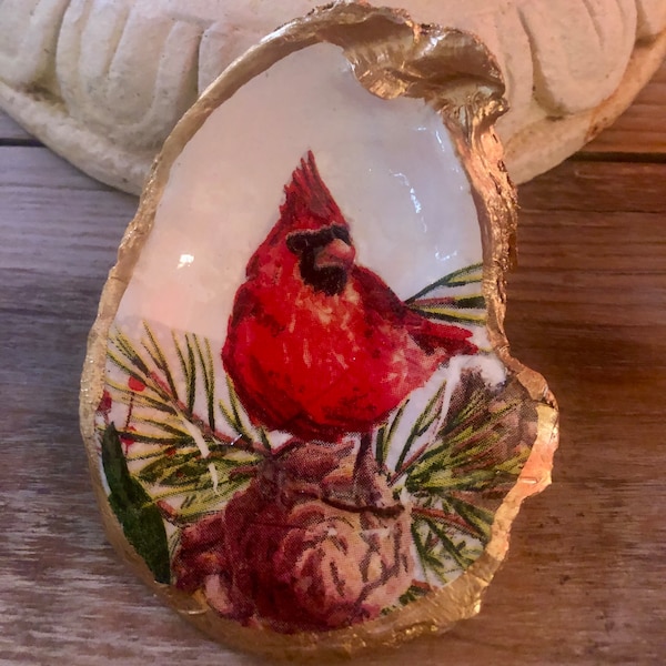 Designer Oyster Shell Decoupage Ring Jewelry  Dish,Hostess Christmas Cardinal Holiday Ornament,Painted Coastal Bird Watchers Gift Decor