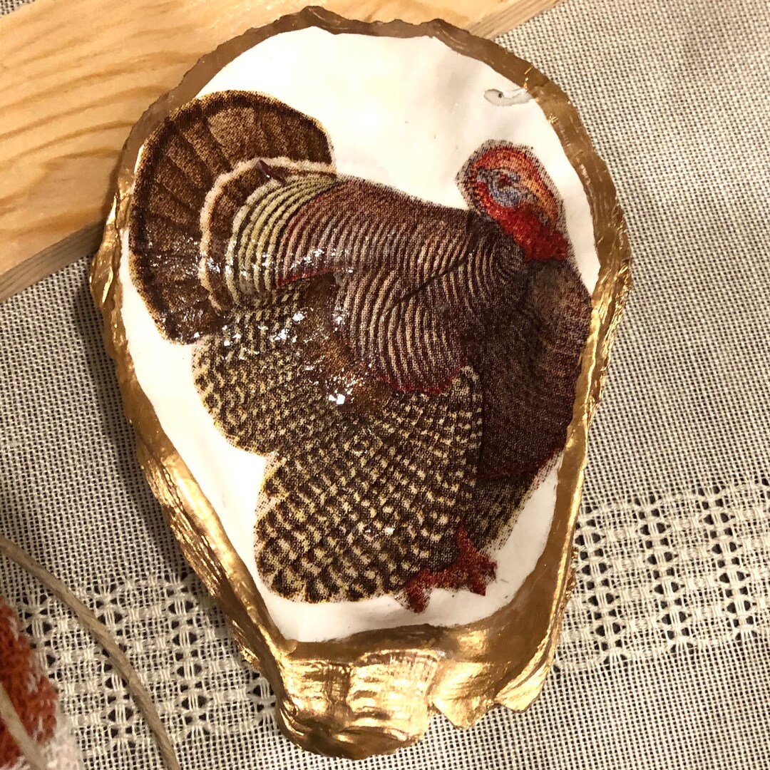 Turkey Painted Shell Oyster Shell Ring Dish, Gold Thanksgiving Turkey Decor - Etsy