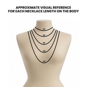 Op de afbeelding: Een mannequin buste toont kettinglengtes. De afbeelding toont vijf zwarte kettingen van verschillende lengtes: 35,5 cm, 40,6 cm, 45,7 cm, 50,8 cm en 61 cm. De tekst bovenaan luidt: "BENADERING VISUELE REFERENTIE VOOR ELKE KETTINGLENGTE OP HET LICHAAM".