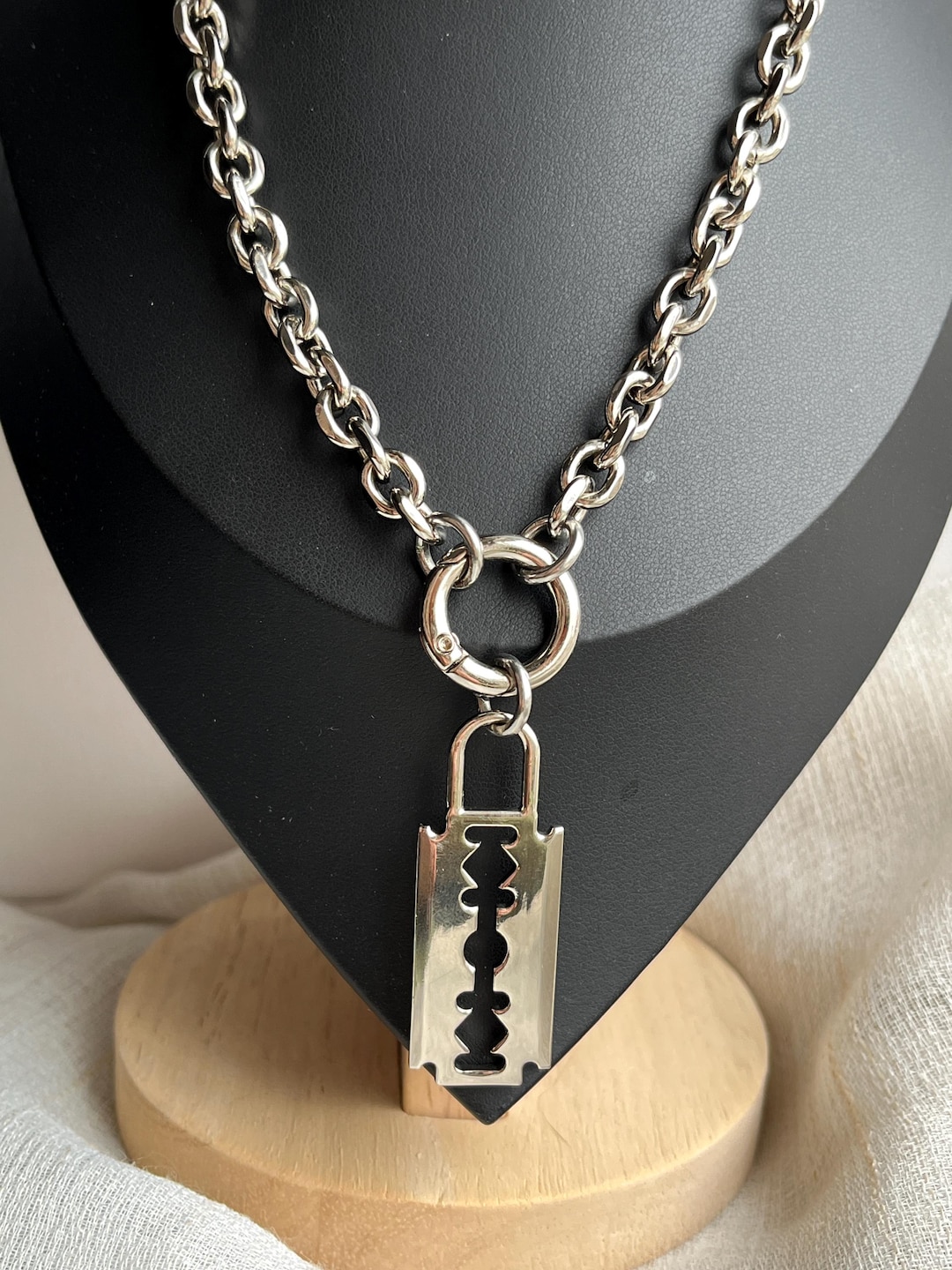 Chunky Razor Blade Pendant Necklace, Stainless Steel Chain Necklace ...