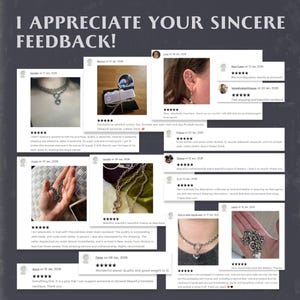 May include: A collage of customer reviews featuring the text I APPRECIATE YOUR SINCERE FEEDBACK! The image displays multiple five-star ratings, written testimonials, and photographs of silver-toned chain necklaces with heart-shaped pendants.