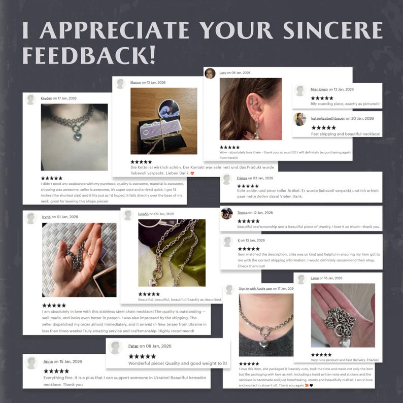 May include: A collage of customer reviews featuring the text I APPRECIATE YOUR SINCERE FEEDBACK! The image displays multiple five-star ratings, written testimonials, and photographs of silver-toned chain necklaces with heart-shaped pendants.