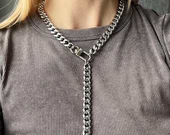 Cubaanse roestvrijstalen ketting, Cubaanse Y-ketting met schakelketting, stevige statement zilveren sieraden, edgy moderne ketting