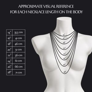 May include: A white mannequin torso displaying a necklace length guide with text reading APPROXIMATE VISUAL REFERENCE FOR EACH NECKLACE LENGTH ON THE BODY. A table lists lengths from 35.5 cm to 71 cm, with corresponding lines on the mannequin.