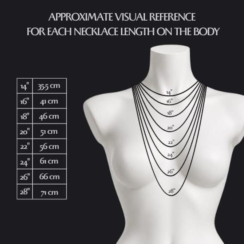May include: A white mannequin torso displaying a necklace length guide with text reading APPROXIMATE VISUAL REFERENCE FOR EACH NECKLACE LENGTH ON THE BODY. A table lists lengths from 35.5 cm to 71 cm, with corresponding lines on the mannequin.