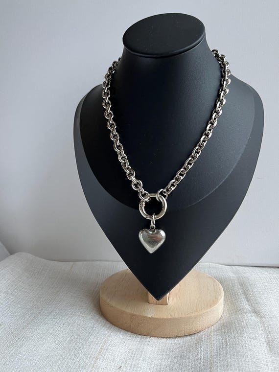 Heart Necklace Choker, Chunky Necklace, Stainless Steel, Heart Pendant, O Ring Necklace, Silver Heart Clip, Grunge Necklace, Alt Necklace