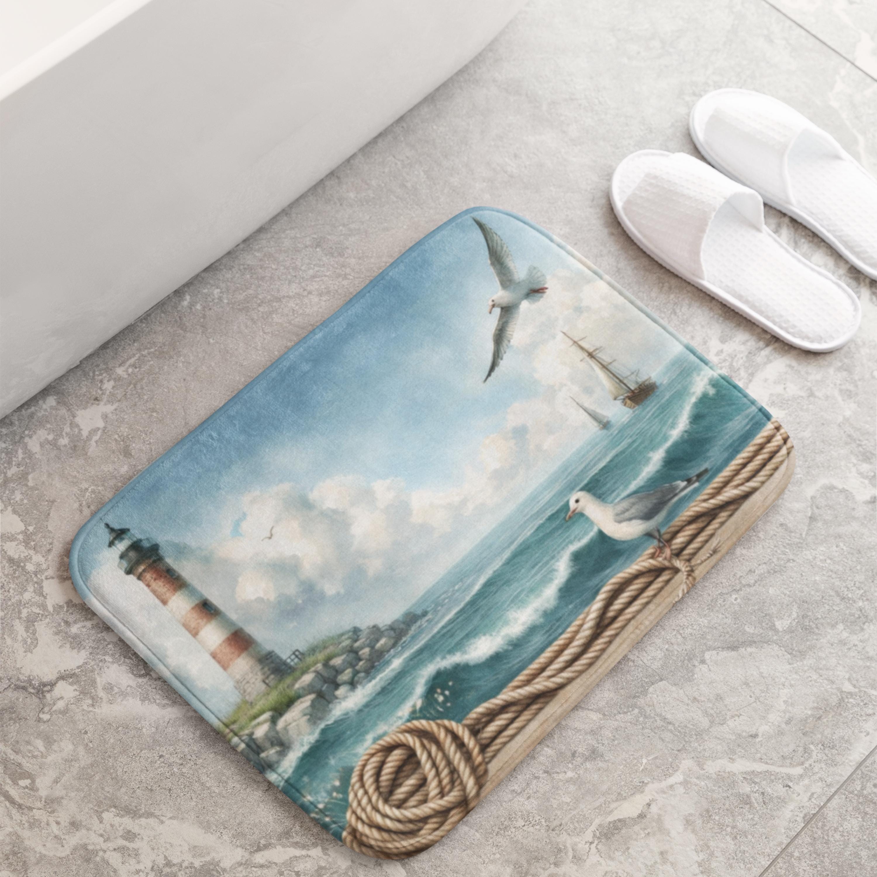 Coastal Lighthouse Bath Mat | Nautical Ocean Floor Rug | Seagull ...