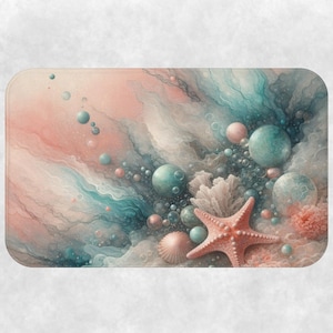 Underwater Coral Reef Bath Mat | Starfish Ocean Decor | Teal Peach Abstract Bathroom Rug | Marine Fantasy Art | Coastal Memory Foam Mat