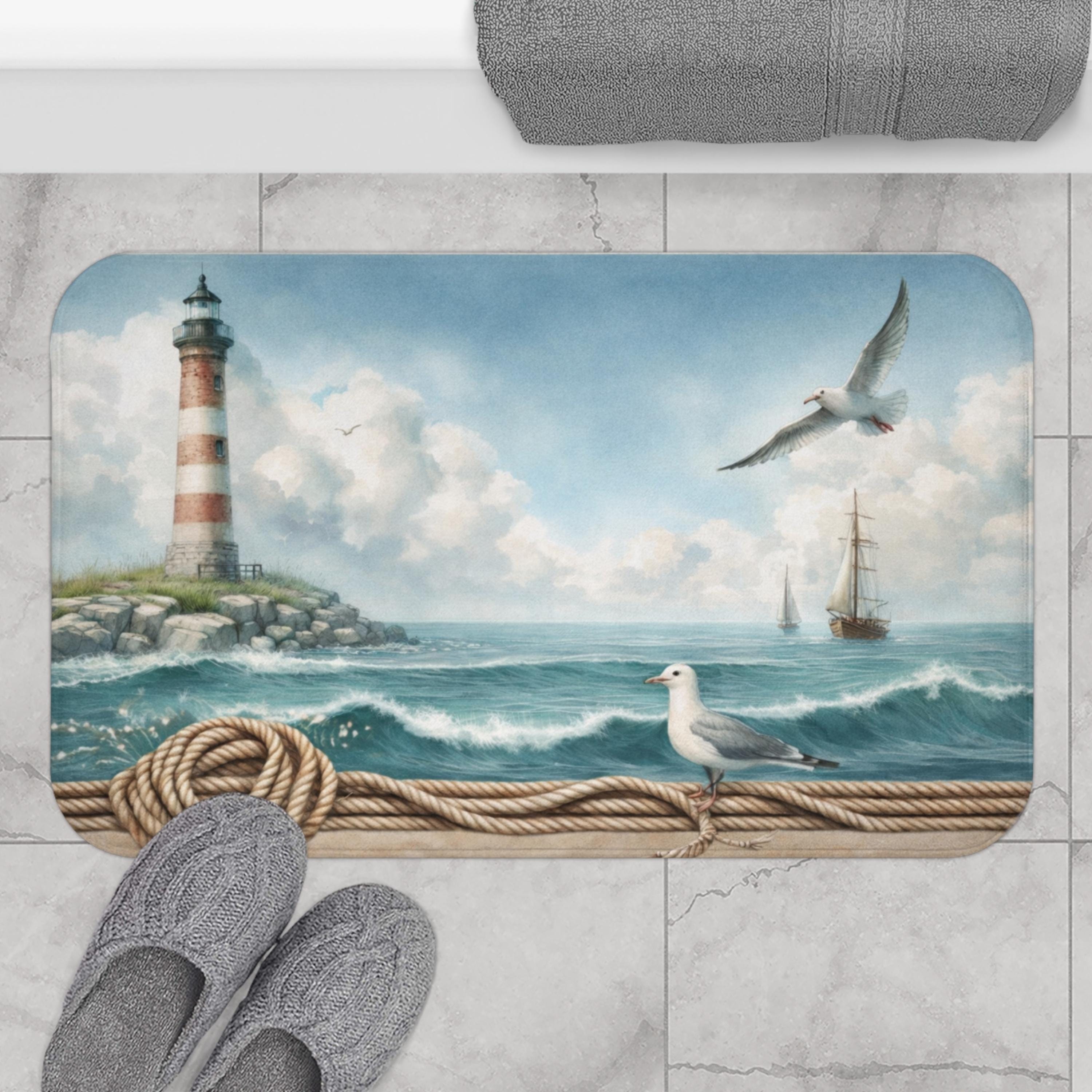 Coastal Lighthouse Bath Mat | Nautical Ocean Floor Rug | Seagull ...