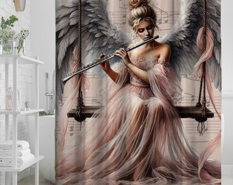 Celestial Harmonies Collection Angel Flute Player Shower Curtain | Musical Wings Soft Pink Ethereal Bathroom Decor | Romantic Bathroom