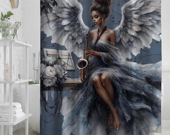 Celestial Harmonies Collection Angel Saxophonist Shower Curtain | Ethereal Winged Musician Bathroom Decor | Heavenly Spiritual Art