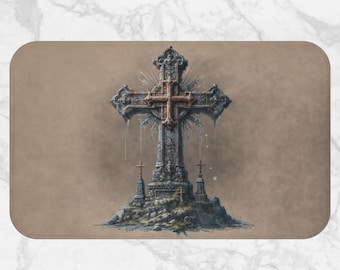 Tappetino da bagno con croce in pietra gotica / Tappeto da pavimento religioso per cimitero / Decorazione da bagno in memory foam / Regalo di accento spirituale per la casa vintage scuro