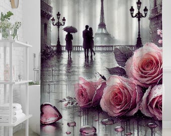 Romantic Paris Roses Shower Curtain | Eiffel Tower Couple, Pink Floral, Vintage Bathroom Decor, Parisian Romance, Rainy City Scene