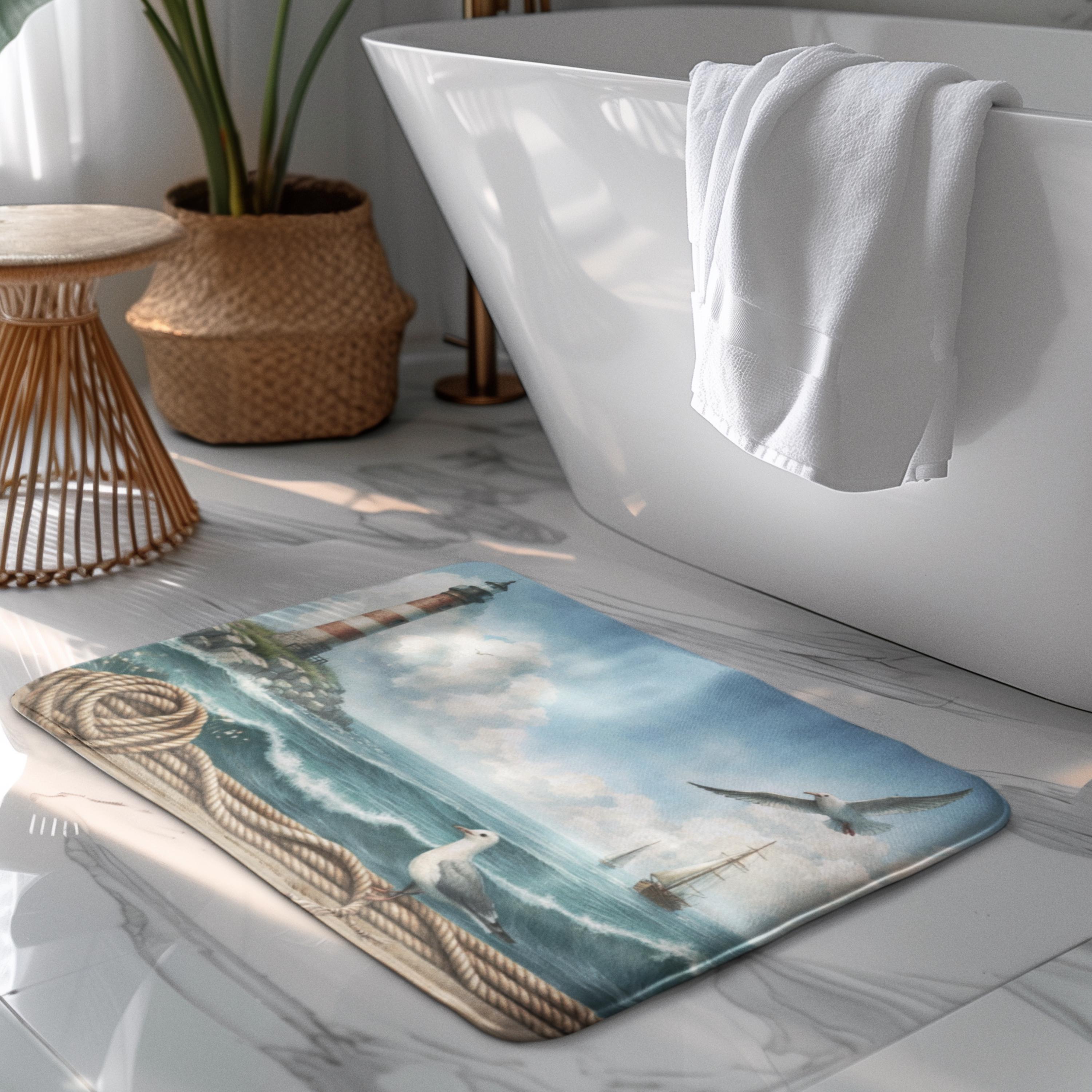 Coastal Lighthouse Bath Mat | Nautical Ocean Floor Rug | Seagull ...