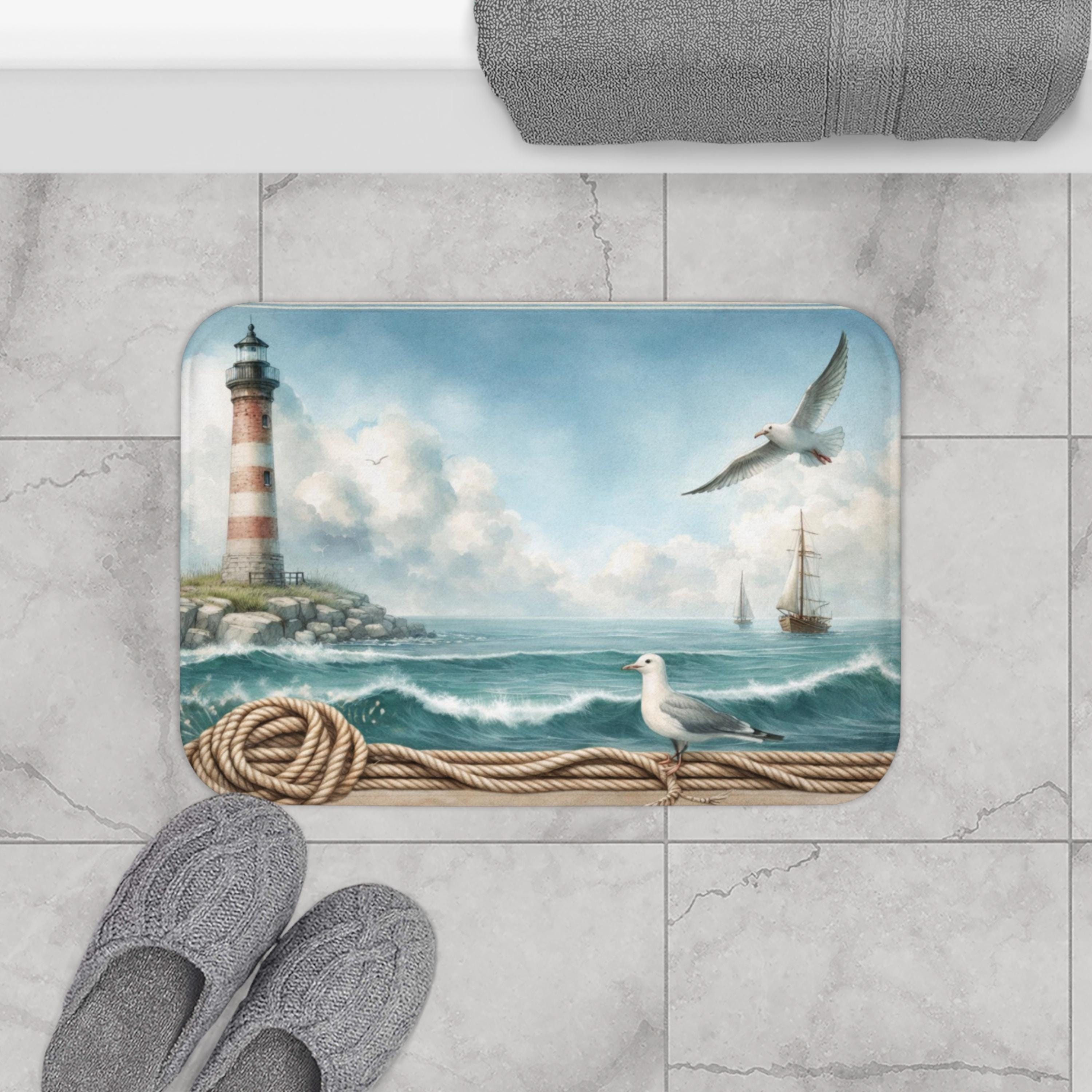 Coastal Lighthouse Bath Mat | Nautical Ocean Floor Rug | Seagull ...