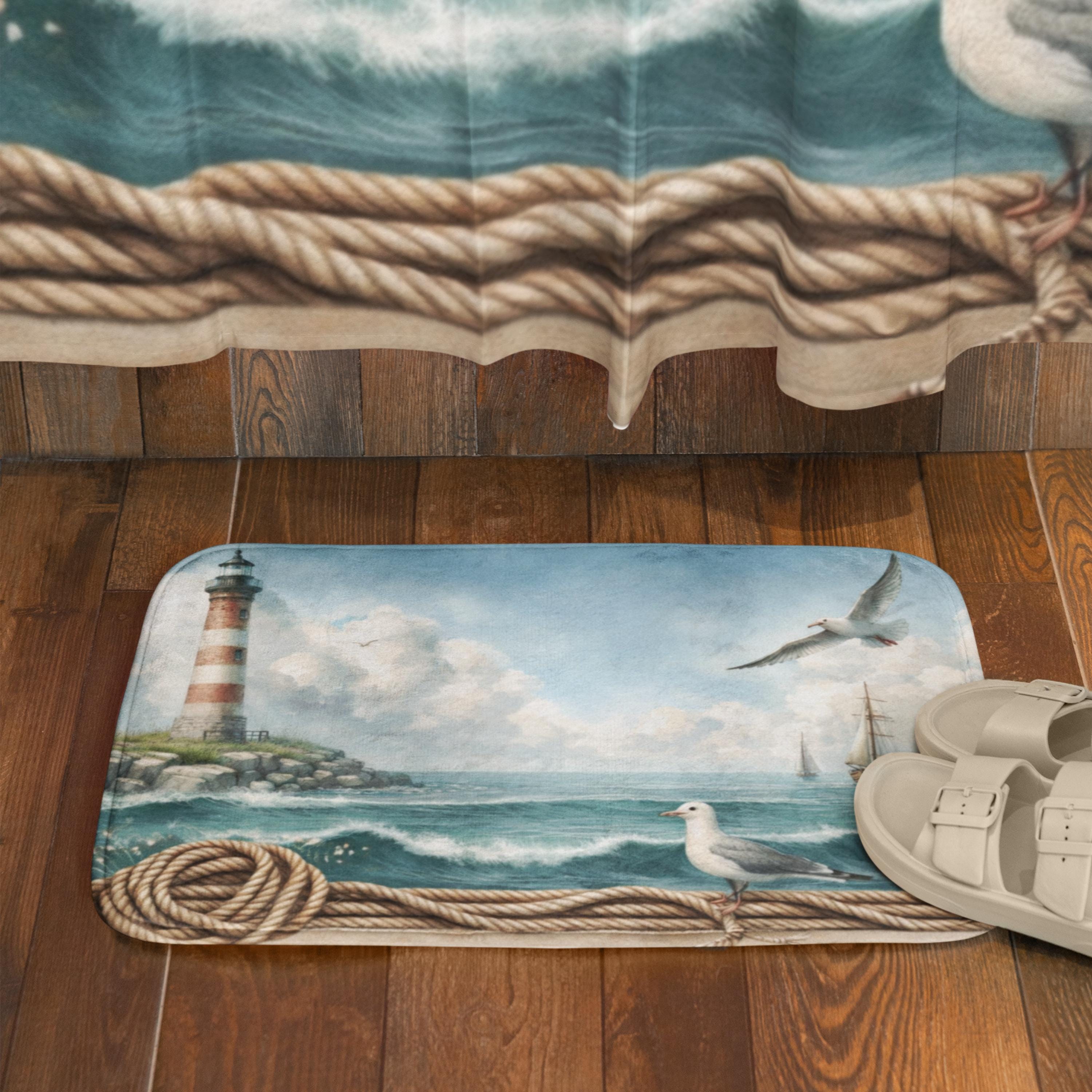 Coastal Lighthouse Bath Mat | Nautical Ocean Floor Rug | Seagull ...