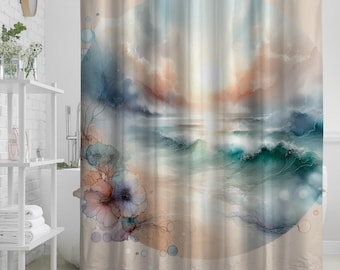 Sunset Ocean Waves Shower Curtain | Tranquil Seascape Watercolor Beach Bathroom Decor, Coastal Sunrise Curtain for Relaxing Spa Bath