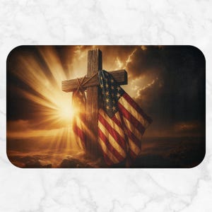 American Flag Draped Cross Bath Mat, Patriotic Christian Decor, Faith Bathroom Rug, Memorial Day Gift, 4th of July Religious Home Decor