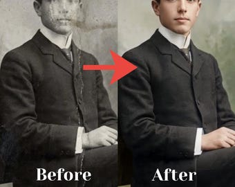 May include: Image comparison showing a restored vintage portrait. The left side displays a damaged, faded black and white photo labeled "Before." The right side shows the restored, colorized image of a man in a black suit, labeled "After."