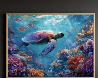Ocean Turtle Wall Art Canvas, Underwater Coral Reef Print, Sea Life Wall Decor, Coastal Bathroom Art, Nursery Ocean Theme, Framed or Rolled