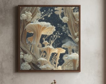 Mycelium Folk Woodland Canvas Art, Mushroom Wall Decor, Framed Fungi Folk Art, Whimsical Forest Canvas Print