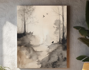 Soft Rustic Ink Wash Art, Abstract Ink Landscape, Minimalist Gray Watercolor Canvas, Neutral Zen Wall Art Framed