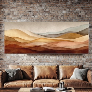 Lienzo minimalista de paisaje desértico en acuarela, cuadro de pared estilo boho con puesta de sol, enmarcado.