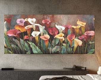 Rustieke canvaskunst calla lelietuin, elegante bloemen muurdecoratie, ingelijste botanische print, moderne boerderij bloemenkunst