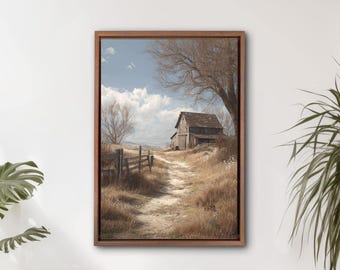 Rustieke canvasafdruk boerderij landschap, landelijke schuur muurkunst, vintage platteland decor, Cottagecore kunst aan de muur, ingelijst canvas