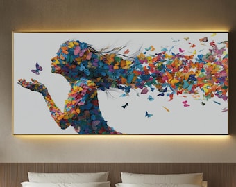 Surreal Butterfly Woman Canvas Print, Colorful Leaf Silhouette Wall Decor, Framed Metamorphosis Art