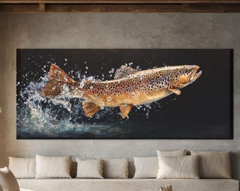 Brown Trout Wall Art Canvas | Fly Fishing Canvas Print | Trout Fish Painting | Fishing Cabin Decor | Angler Gift | Lake House Wall Art