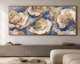 Decoración de pared con conchas de ostra, lienzo con estampado de ostras costeras, decoración de conchas marinas en tonos azul y beige, arte para cocina de casa de playa, obra de arte costera enmarcada.
