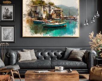 Coastal Harbor Canvas Print, Nautical Boat Wall Art, Mediterranean Village Painting, Beach House Decor, Framed Waterfront Artwork