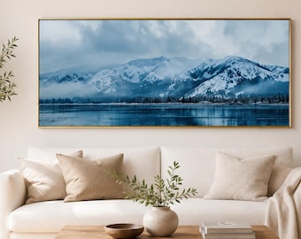 Lake Tahoe Wall Art, Winter Mountain Canvas Print, Snowy Lake Panorama, Framed California Nature Decor