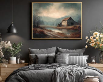 Rustic Farmhouse Canvas Print, Country Cottage Landscape Wall Art, Moody Rural Painting, Vintage Countryside Decor, Framed Canvas