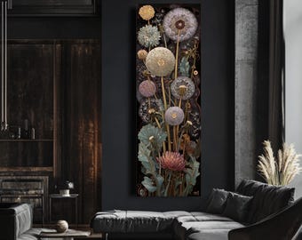 Gedetailleerde canvaskunst paardenbloem veld, botanische bloemen muurafdruk, neutrale weide schilderij, op de natuur geïnspireerd ingelijst decor voor woonkamer
