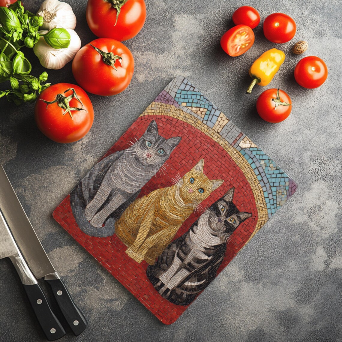 Rustic Mosaic Cats on Red Chair Glass Cutting Board | Whimsical Animal ...