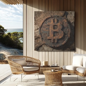 Könnte beinhalten: Ein großes, quadratisches Wandkunstwerk mit einem Bitcoin-Symbol, das in eine steinartige Oberfläche gemeißelt ist. Das Kunstwerk wird an einer Holzwand gezeigt, mit einer Küstenlandschaft im Hintergrund. Die Szene umfasst Korbmöbel.