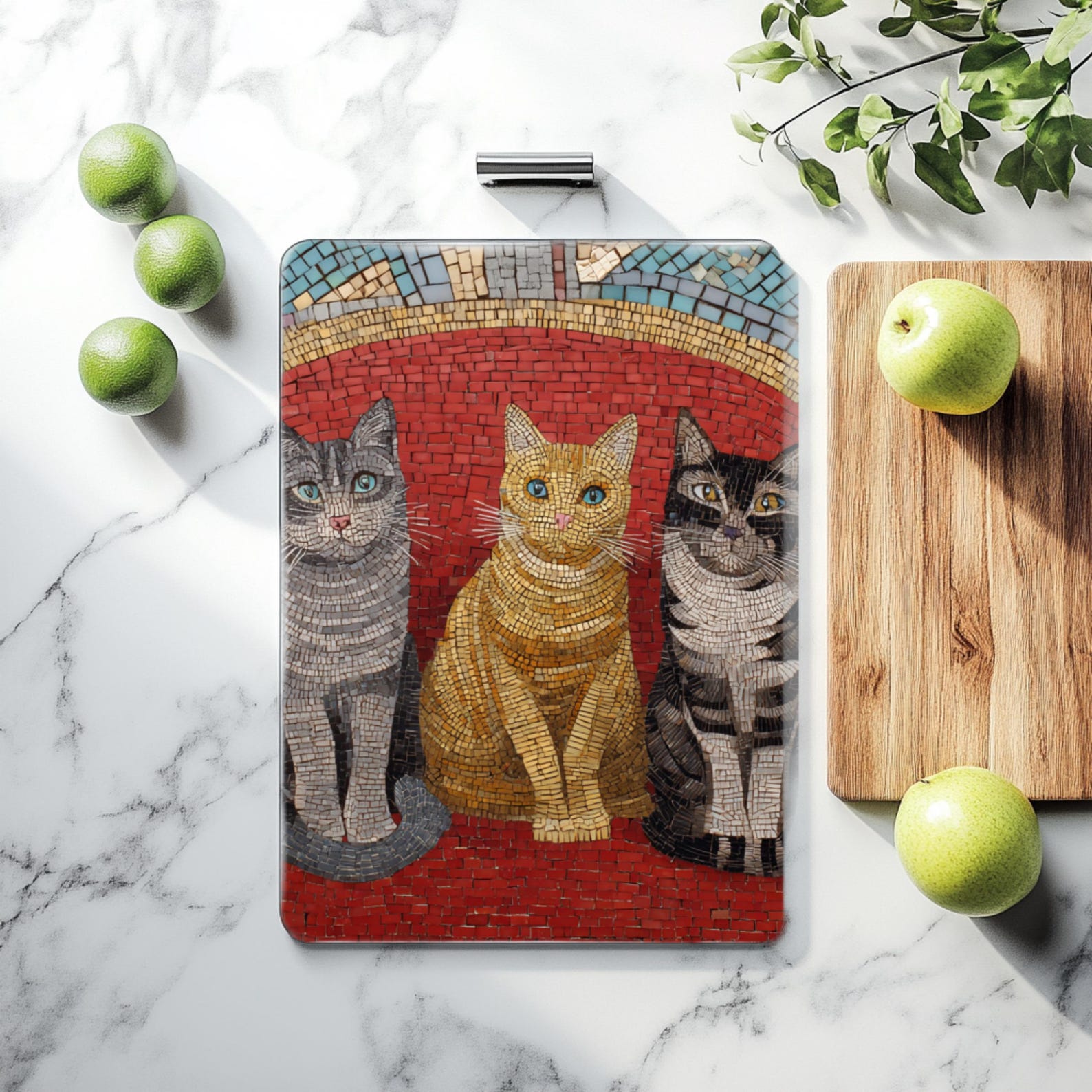 Rustic Mosaic Cats on Red Chair Glass Cutting Board | Whimsical Animal ...