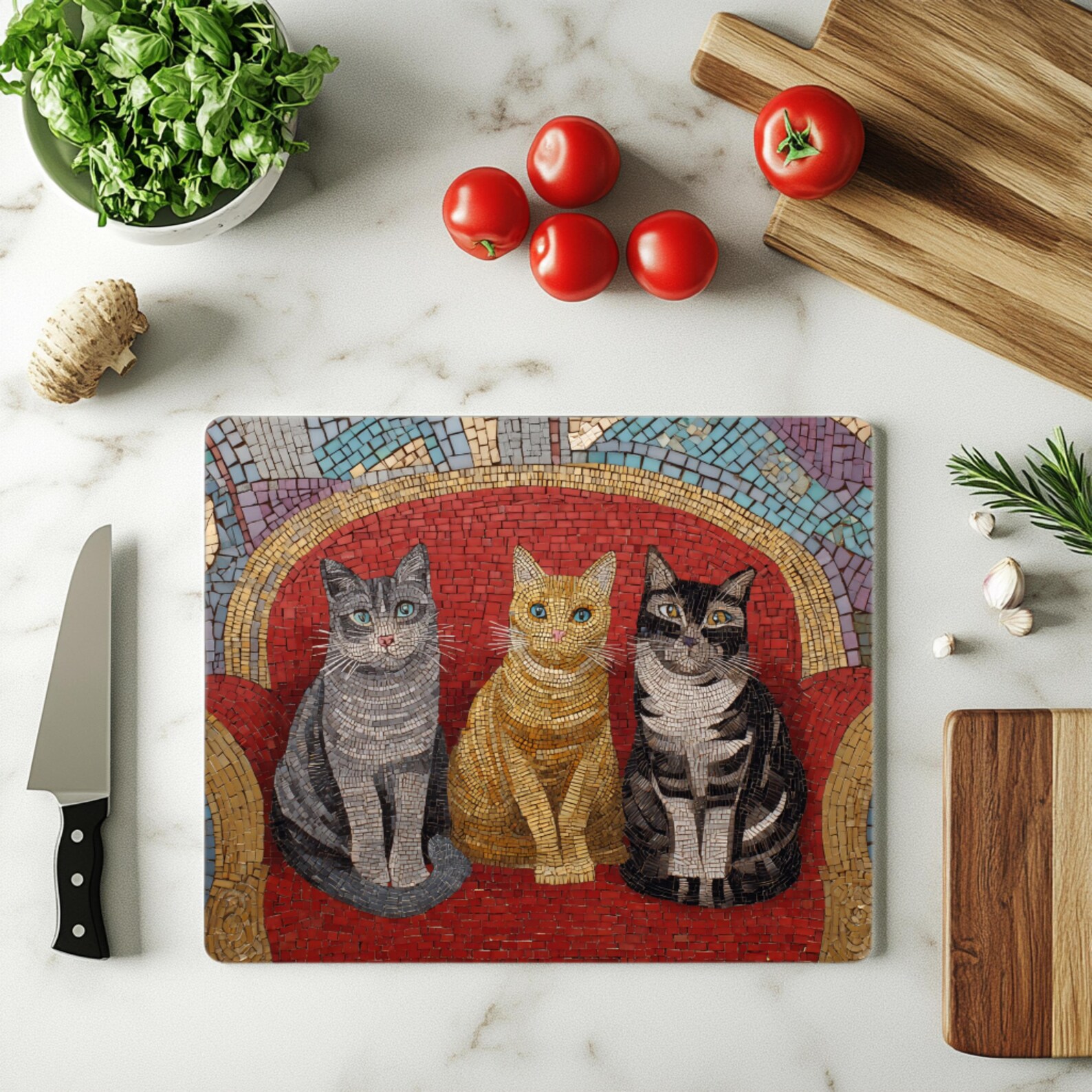 Rustic Mosaic Cats on Red Chair Glass Cutting Board | Whimsical Animal ...