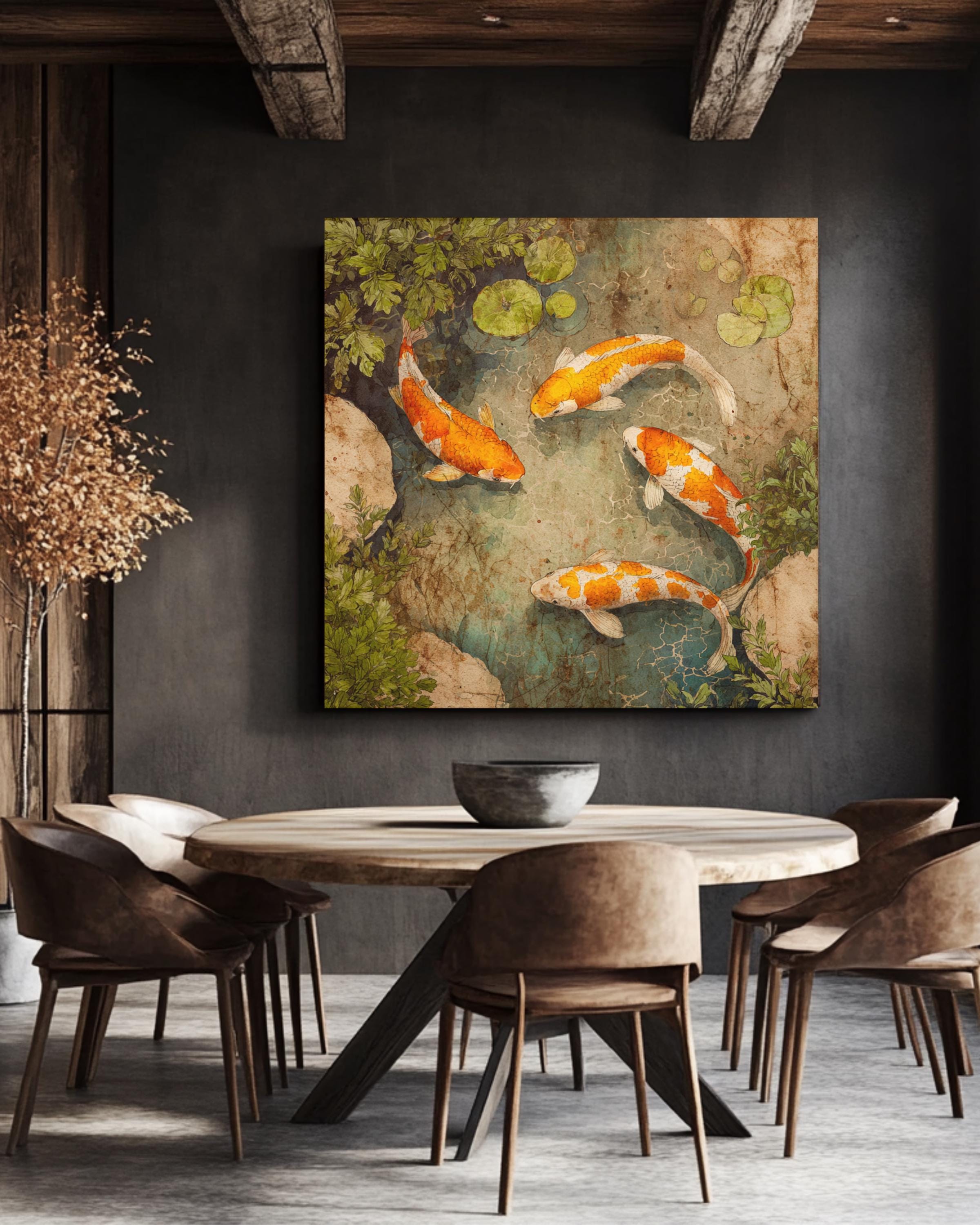 Rustic Koi Fish Pond Watercolor Art, Zen Fish Canvas Print, Japanese ...