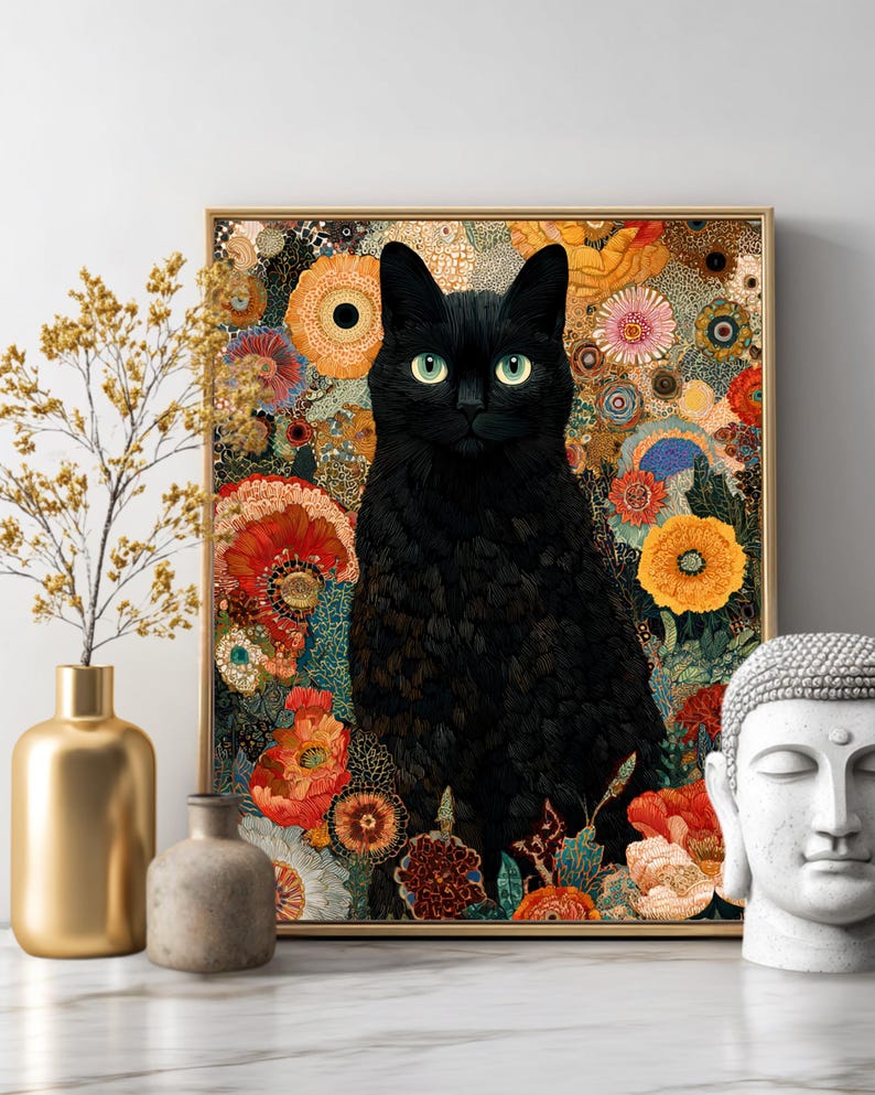 Gustav Klimt Black Cat Art, Maximalist Floral Canvas, Gold Leaf Style ...