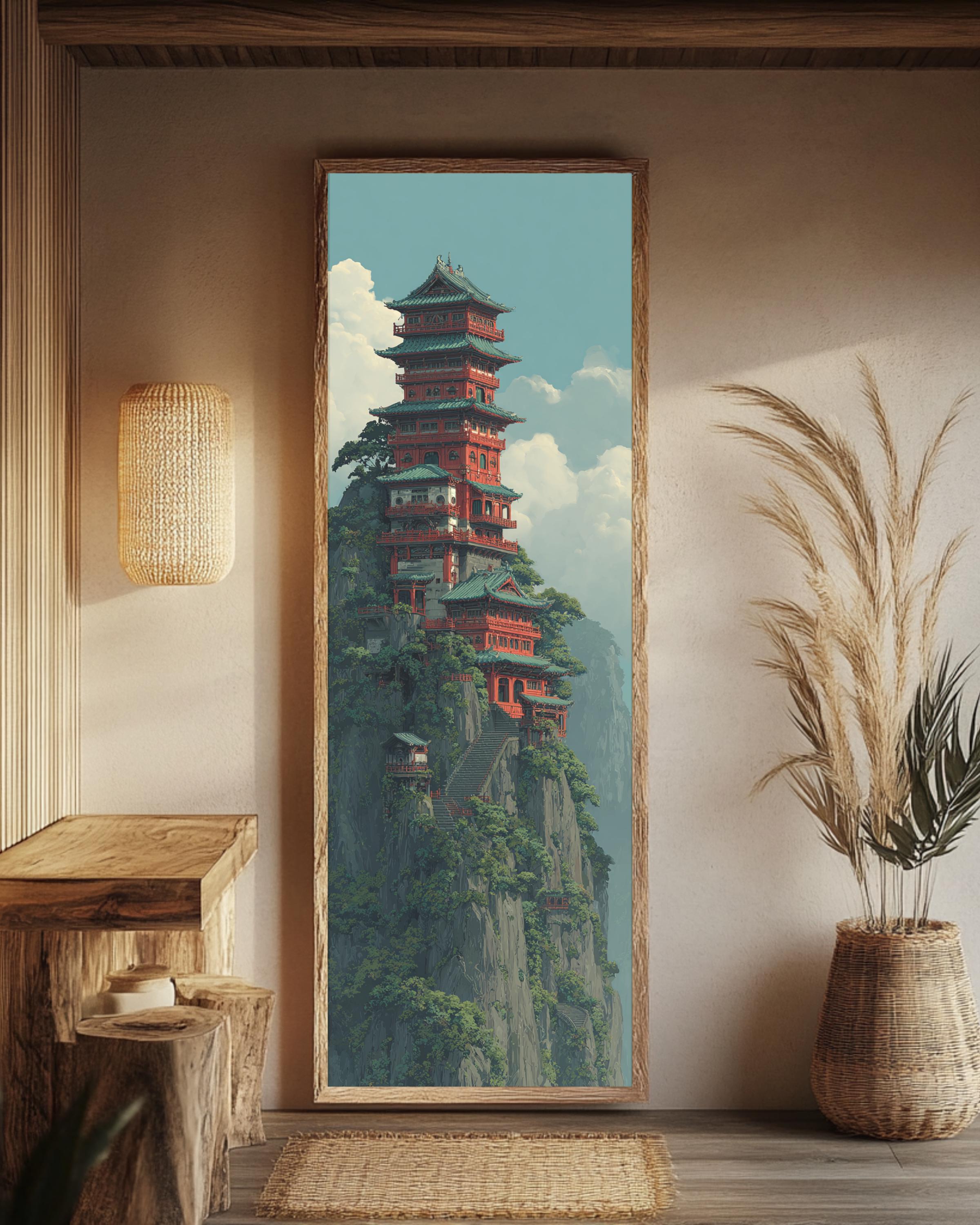 Templeflow Vertical Asian Canvas Print, Minimalist Zen Temple Wall Art ...