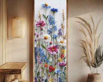 Canvaskunst met wilde bloemen in borduurstijl, muurdecoratie kunstzijde bloemen, levendige botanische print